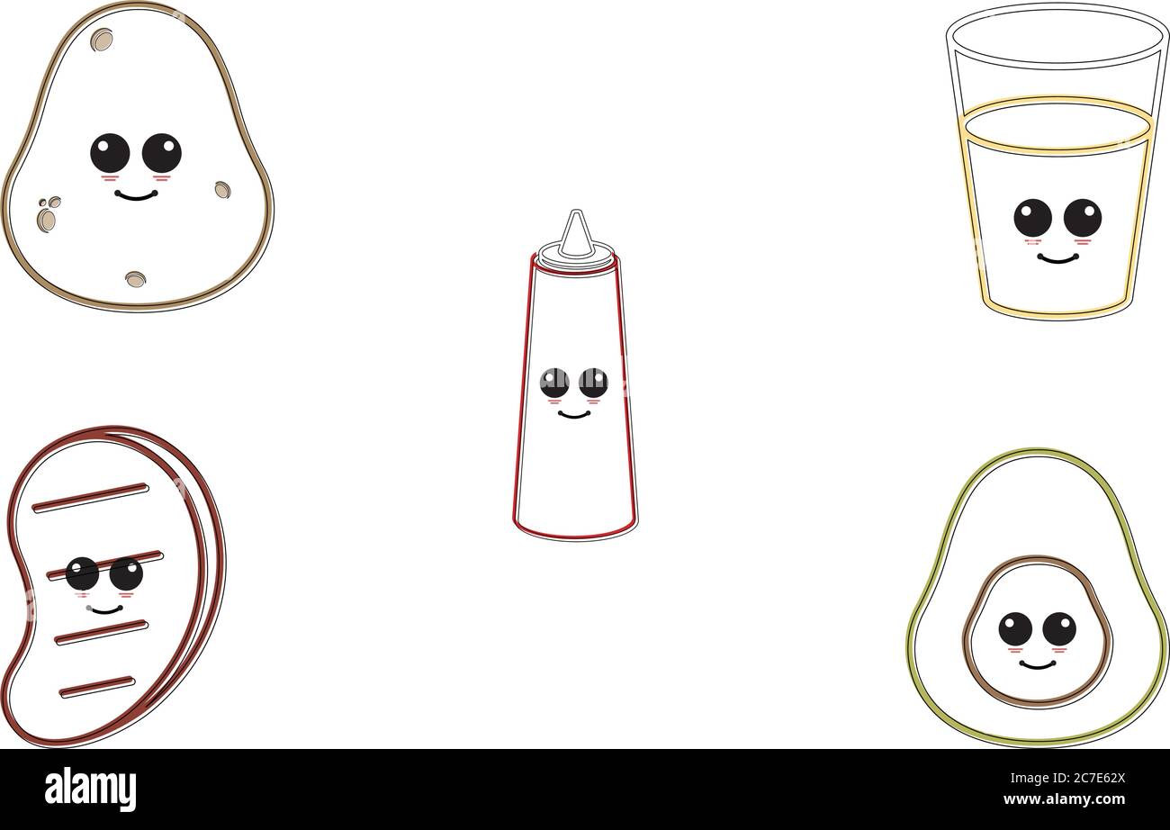 Set of food cartoon. Cartoons of a potato, juice glass, avocado, meat