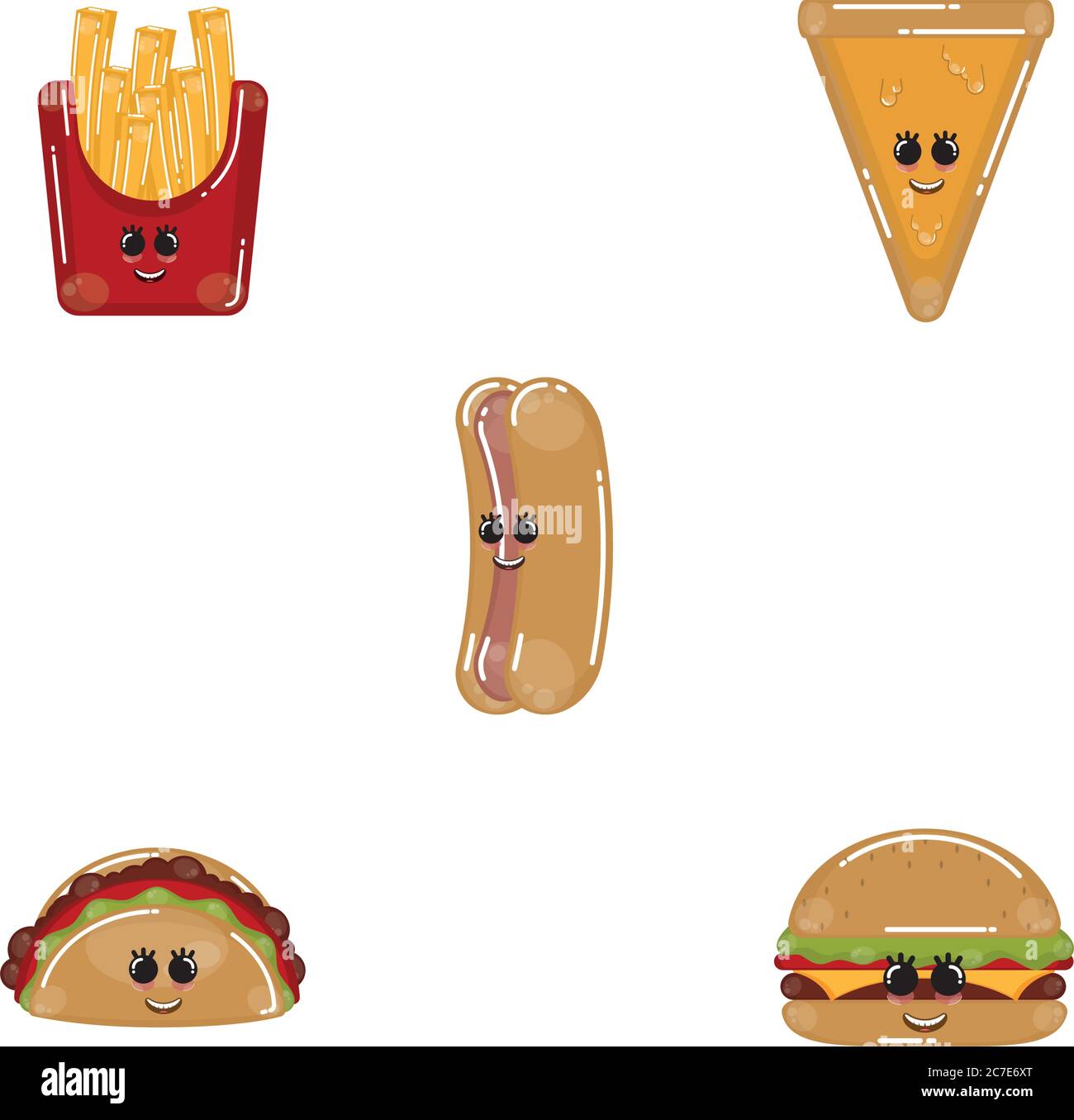 Set of fast food cartoons. Cartoons of a taco, french fries, burger