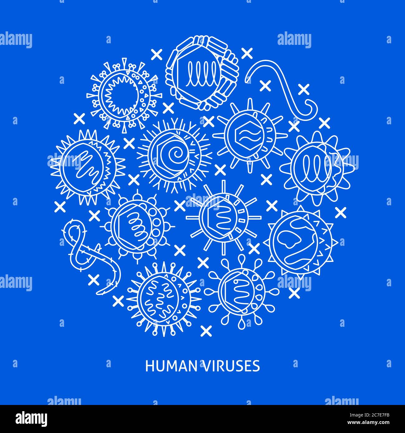 Human viruses round concept banner in line style with place for text. Microbiology poster with infection cells symbols collection. Vector illustration Stock Vector