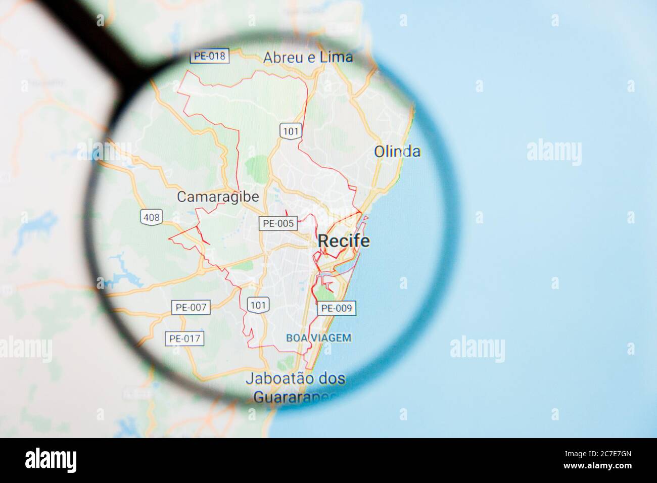 Recife, Brazil city visualization illustrative concept on display screen through magnifying glass Stock Photo