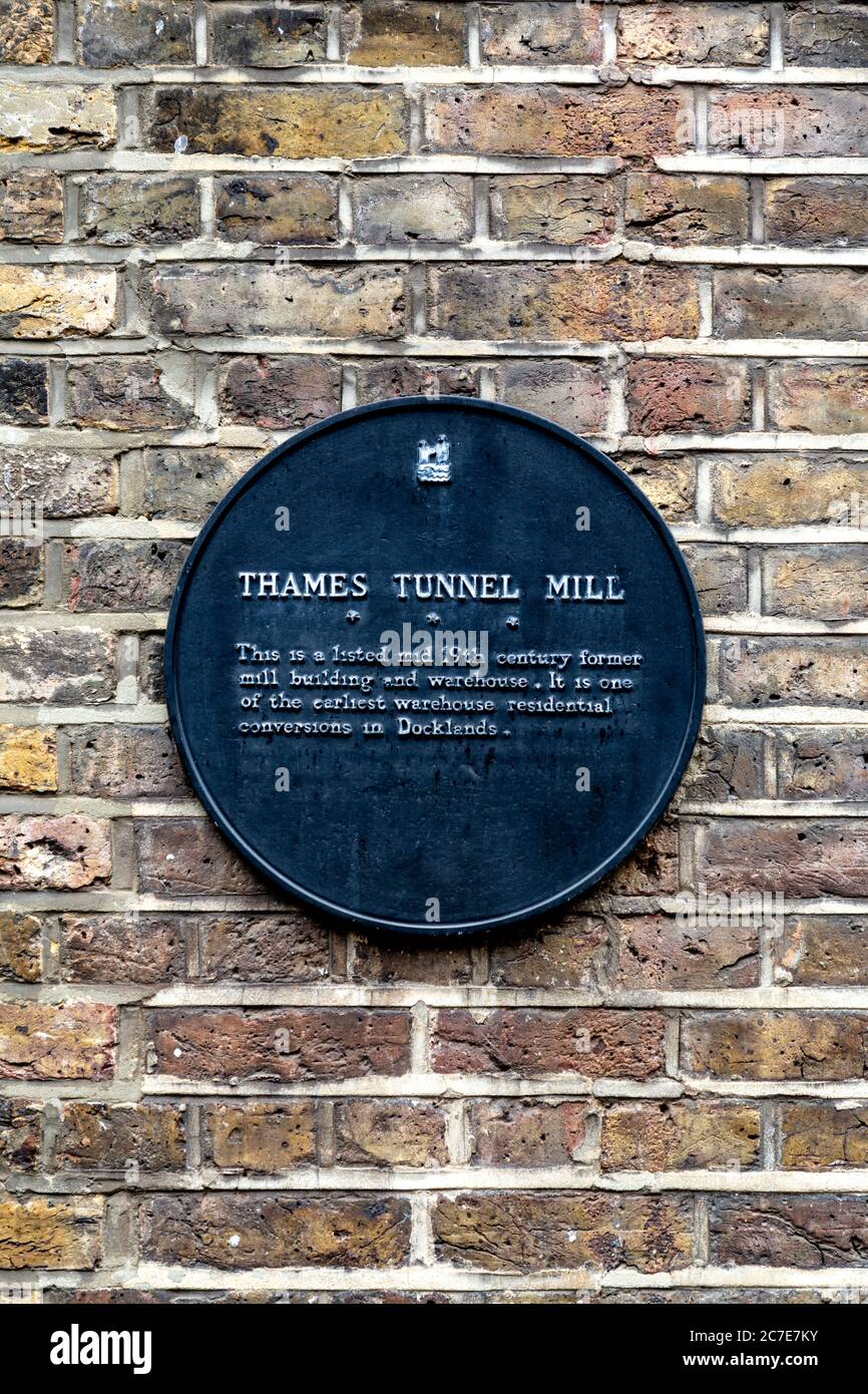 Black plaque for Thames Tunnel Mill - one of the earliest Docklands warehouse converstions Stock Photo
