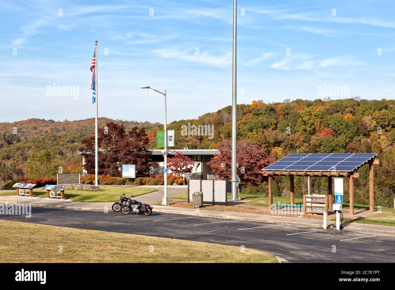 Melton Hill Reservoir rest area, demonstration project, electric vehicle charging station, solar cells. Stock Photo