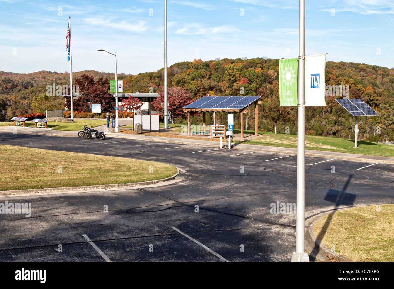 Melton Hill Reservoir rest area, demonstration project, motorcycles & visitors, electric vehicle charging station, solar cells. Stock Photo