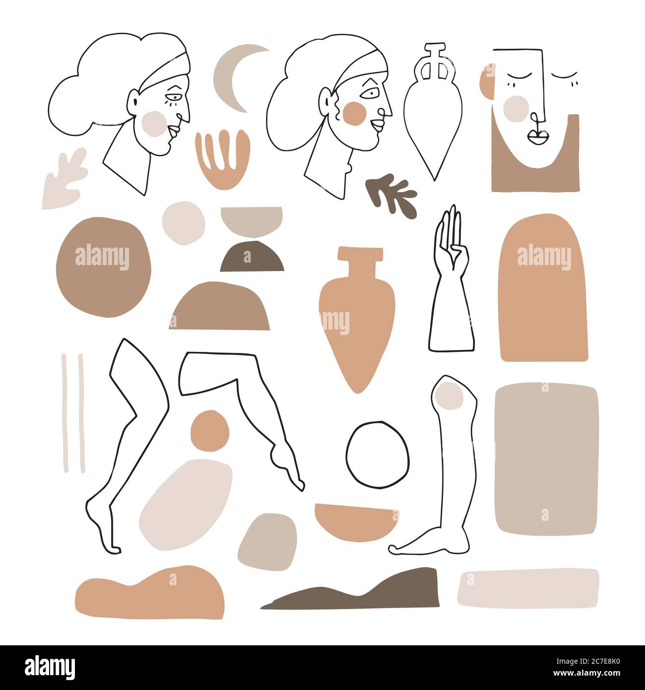 Vector set of artistic and abstract graphic objects. Illustrations of female portraits and vase silhouette in minimal linear style. Modern cubism art Stock Vector