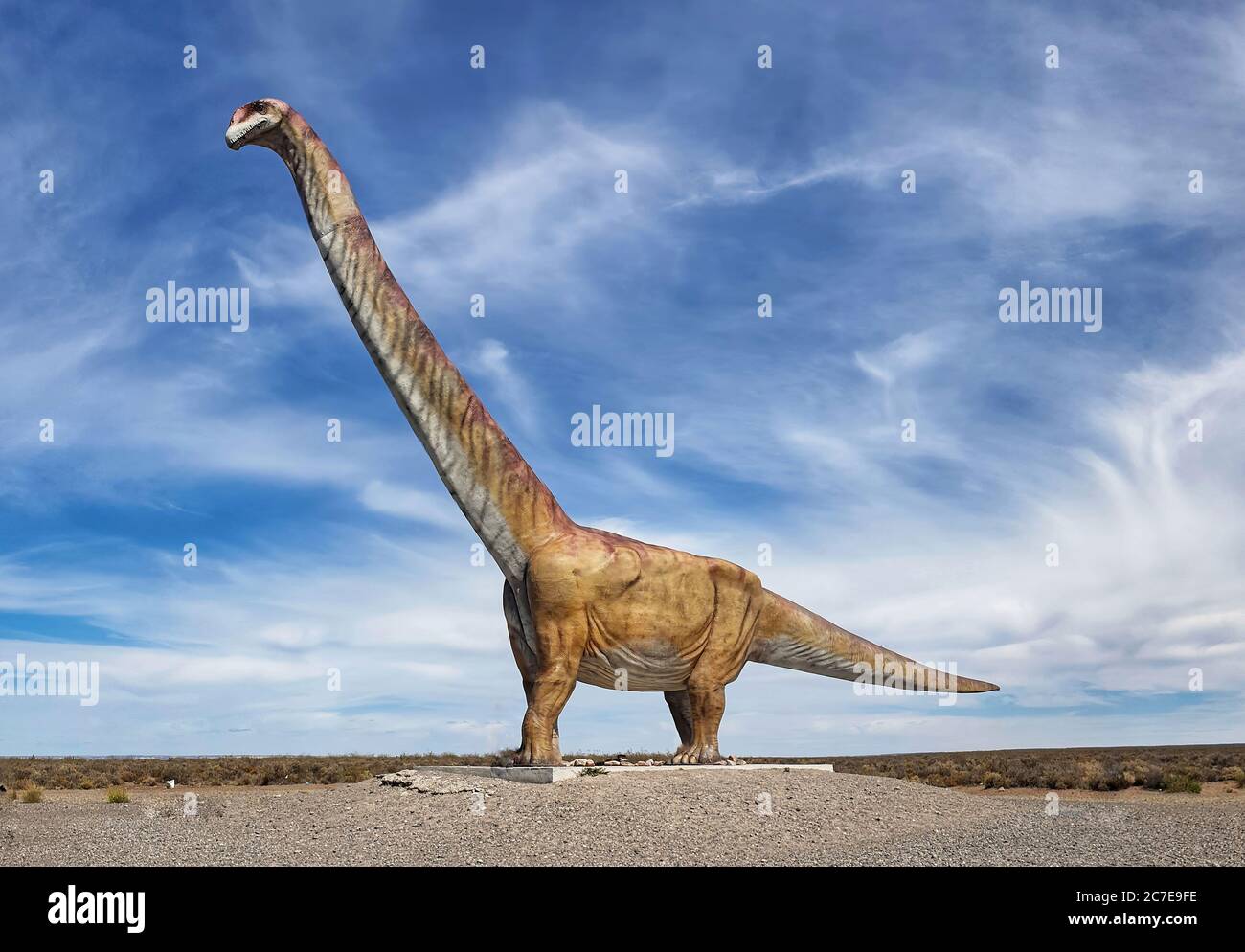 Public life size model of Patagotitan dinosaur by road in Argentina Stock Photo