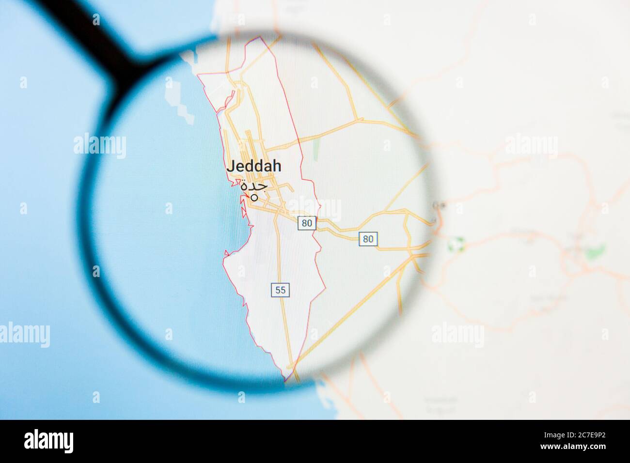 Jiddah, Saudi Arabia city visualization illustrative concept on display screen through magnifying glass Stock Photo