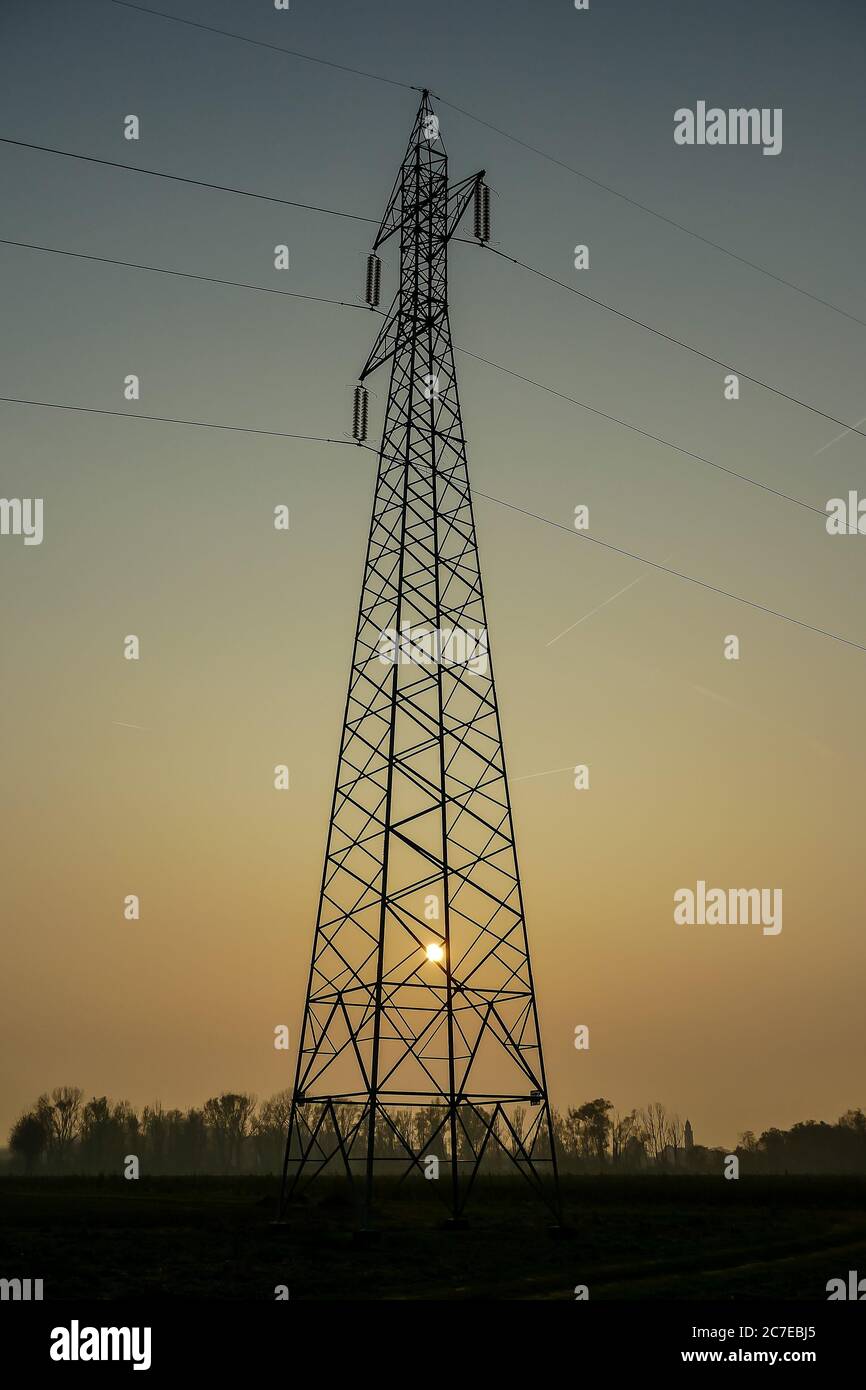 power lines on sunset, beautiful photo digital picture Stock Photo - Alamy