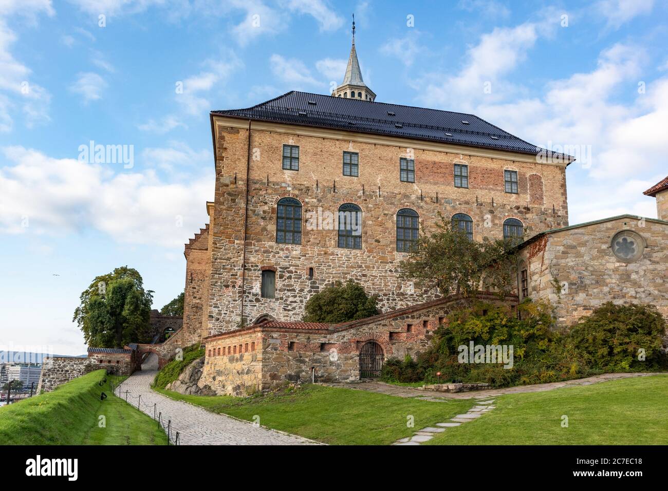 Akershus Fortress, waterside fort and former prison on bright sunny autumn day in Oslo, Norway. European fort structure landmark Stock Photo