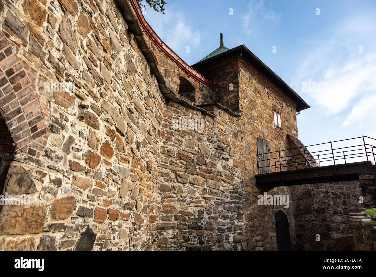 Medieval castle Akershus Fortress walls close view on bright sunny autumn day in Oslo, Norway. European fort structure landmark Stock Photo