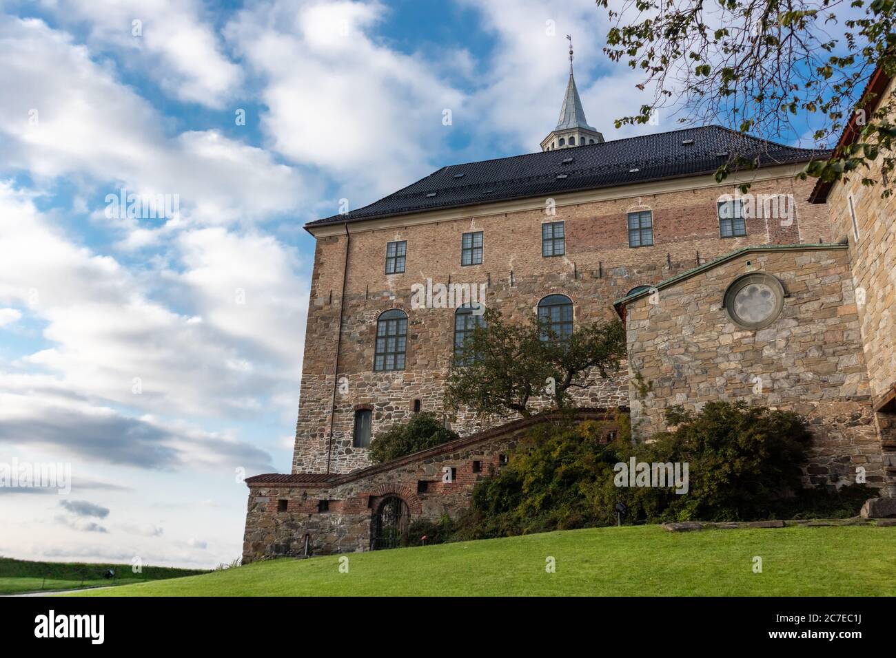 Medieval castle Akershus Fortress on bright sunny autumn day in Oslo, Norway. European fort structure landmark Stock Photo