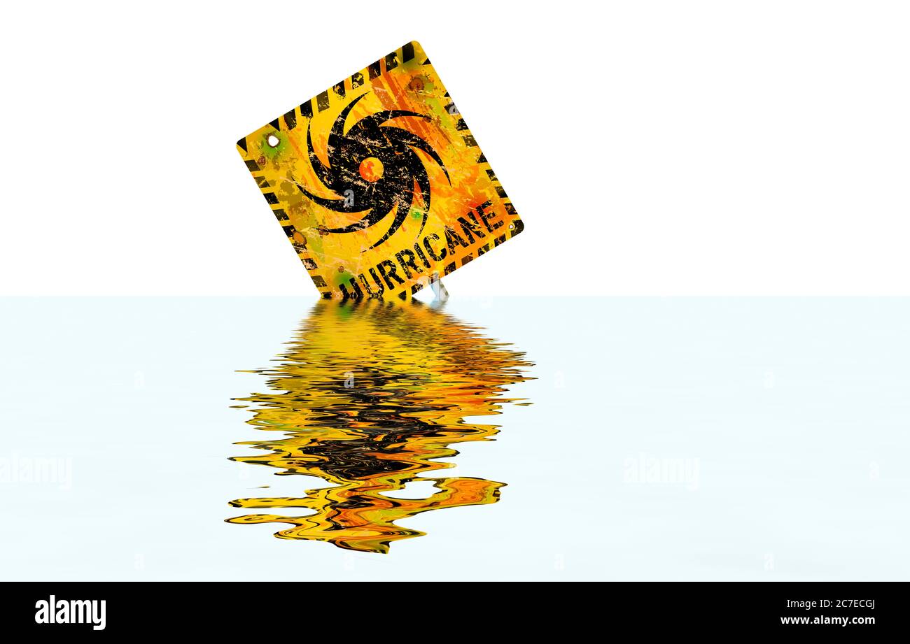 hurricane warning sign,flooded with high water, good copy space Stock