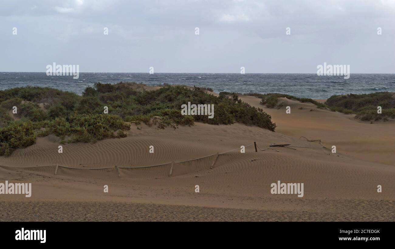 Dunas de Maspalomas - Gran Canaria - Spain - the dunes by storm - unruly sea - rope barrier Stock Photo