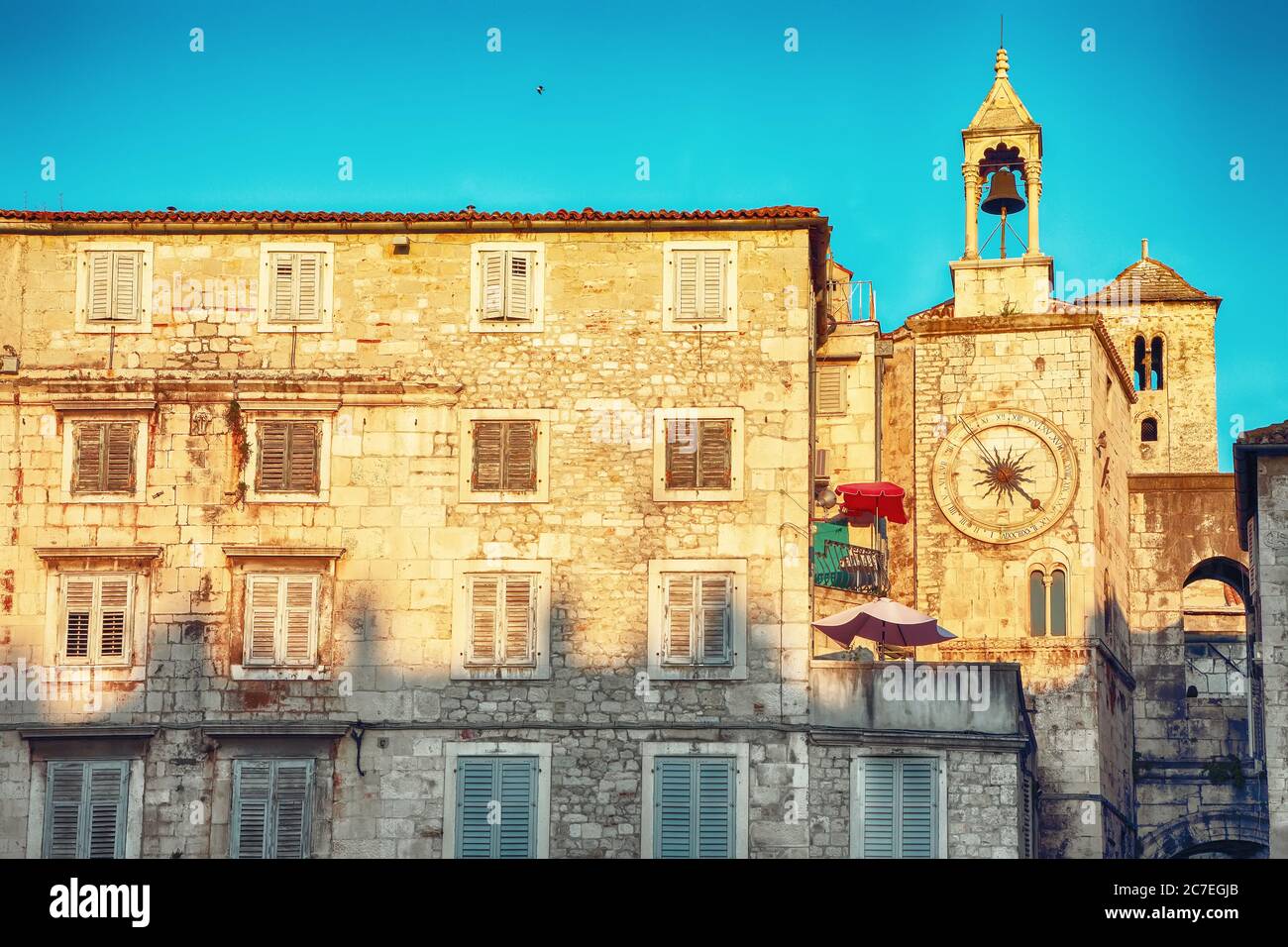 City clock on the tower on the west wall of Diocletian palace in Split ...