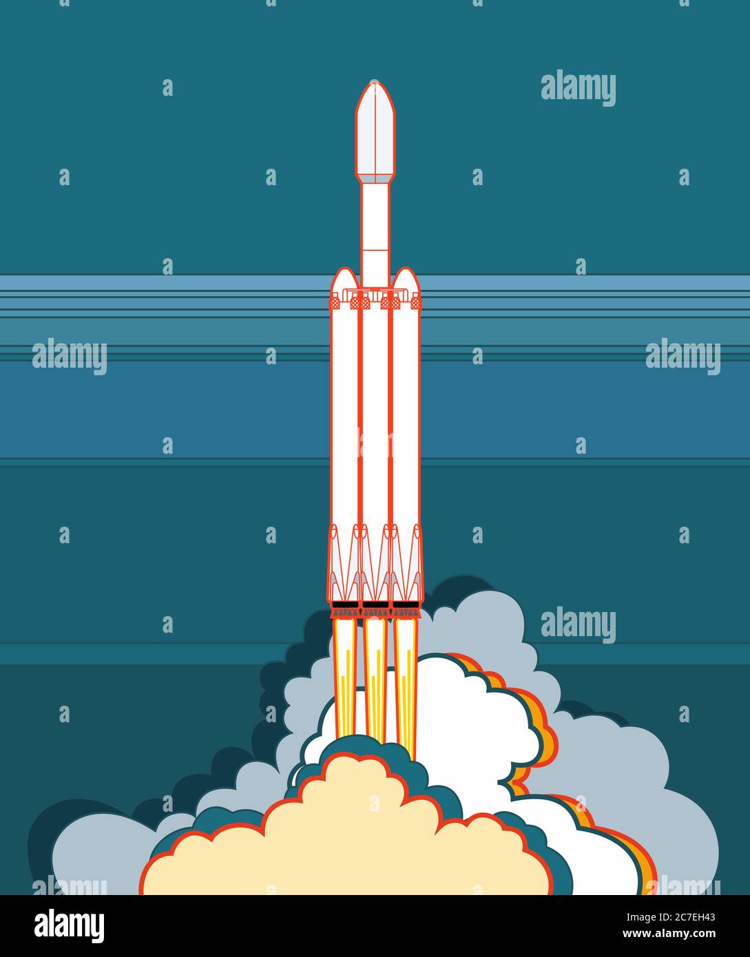 Rocket Space Craft Vector Rocket Launching Vector Poster Spaceship Flame Steam Blue Background 3594
