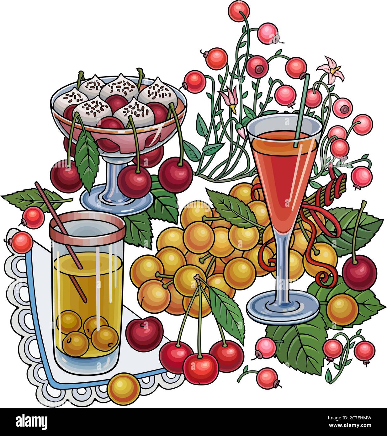 Juice, berries, cherries hand drawn illustration Stock Vector Image
