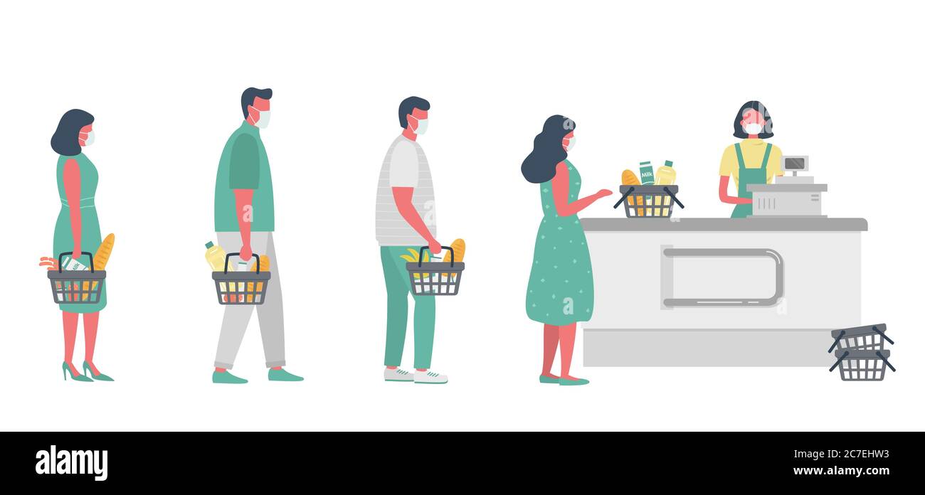 Supermarket during the coronavirus epidemic. Supermarket cashier in medical mask. Buyers wearing antivirus masks keep their distance in line Stock Vector