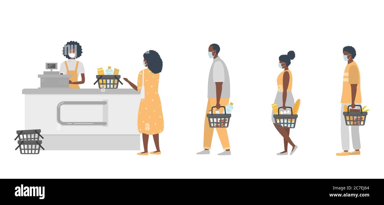 Supermarket during the coronavirus epidemic. Supermarket cashier in medical mask. Buyers wearing antivirus masks keep their distance in line Stock Vector