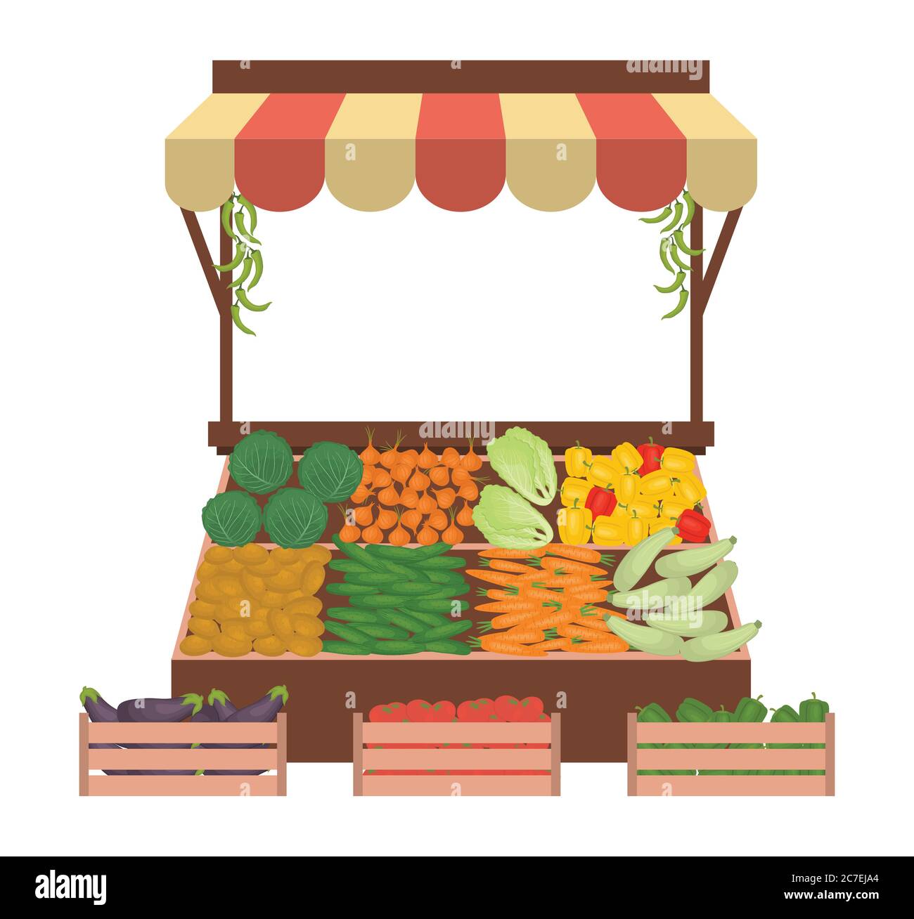 Tray with vegetables on the market. Workplace of the market seller. There is scales and goods: cucumbers, onions, carrots, eggplant, zucchini, perrers Stock Vector