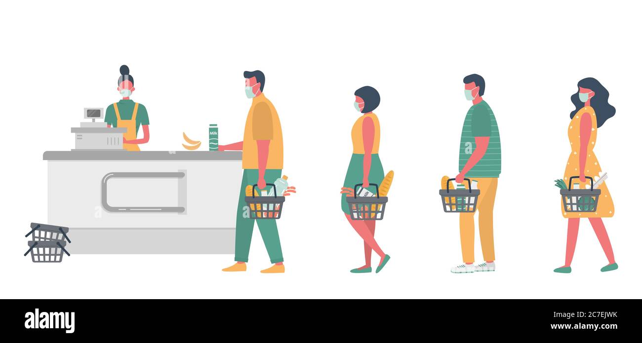 Supermarket during the coronavirus epidemic. Supermarket cashier in medical mask. Buyers wearing antivirus masks keep their distance in line Stock Vector
