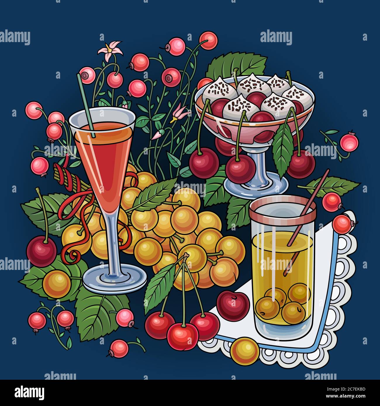 Juice, berries, cherries hand drawn illustration Stock Vector Image