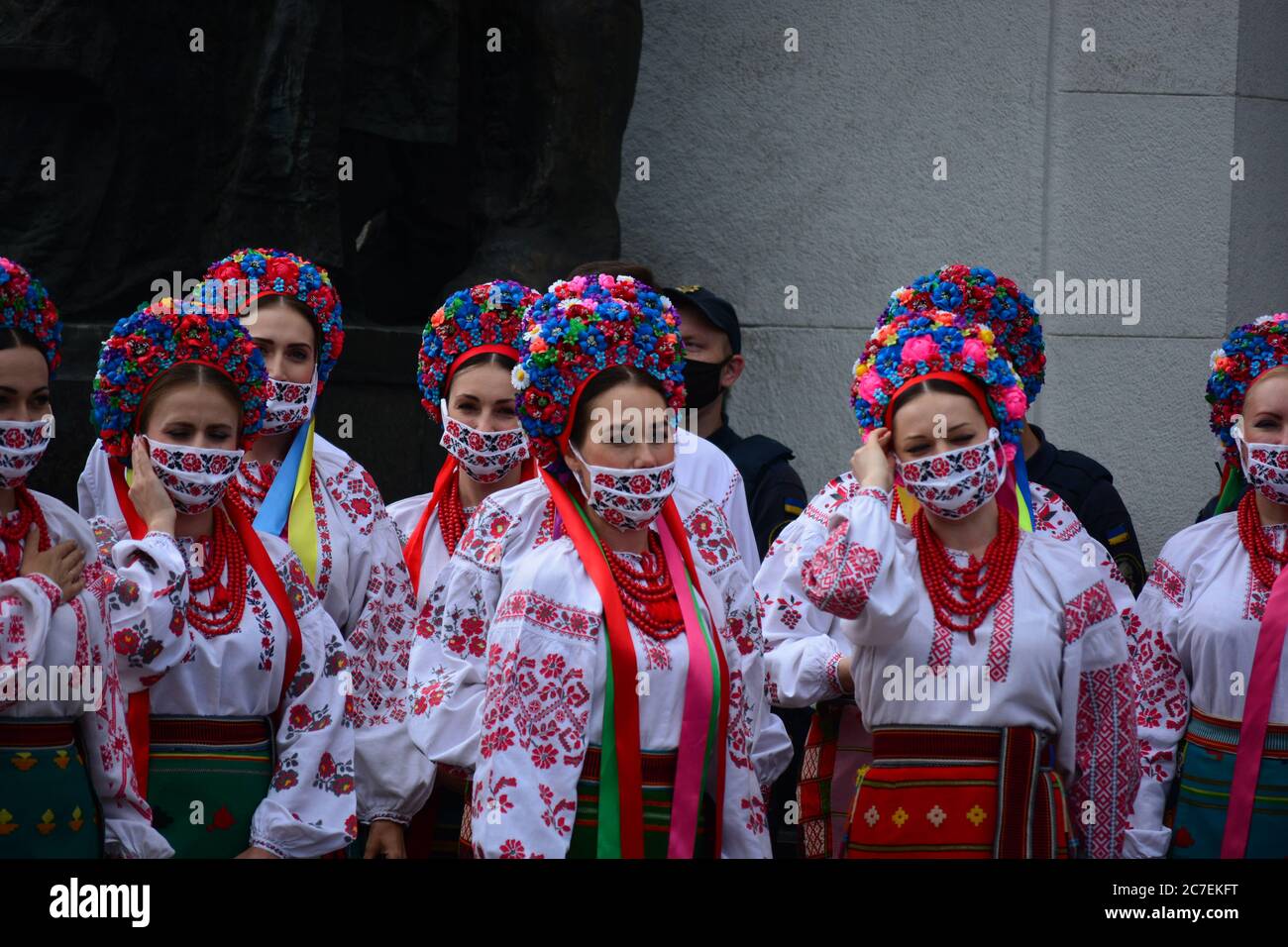 Coronavirus outbreak: Government prolongs adaptive quarantine until July 31 in Ukraine. Members of the Ukrainian choir in national costumes and embroi Stock Photo