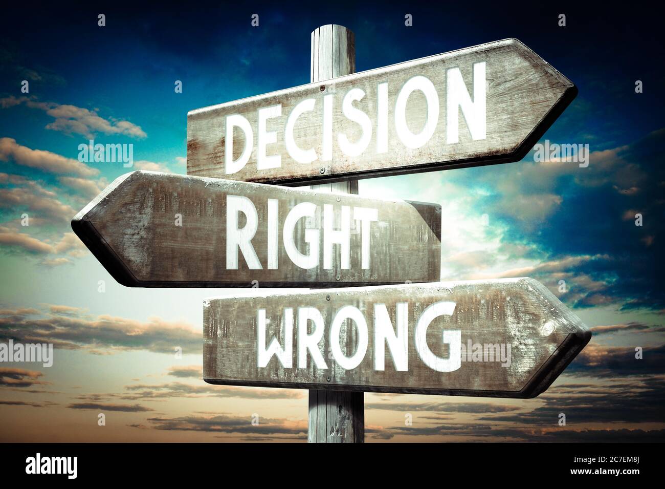 Decision - right, wrong - wooden signpost, roadsign with three arrows ...