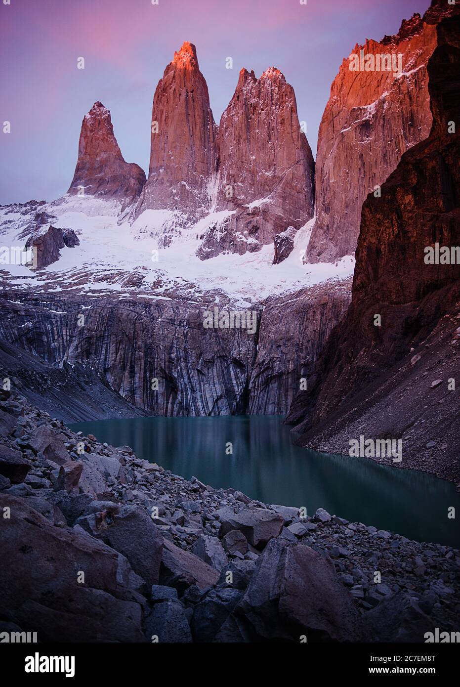 Torres Del Paine peaks at sunrise in Torres Del Paine National Park, Chile, Patagonia, South America Stock Photo