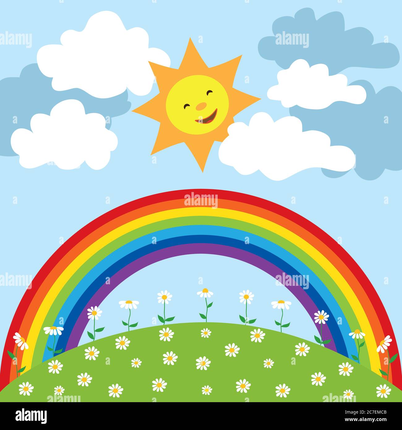 Happy sun with rainbow and clouds. Stock Photo