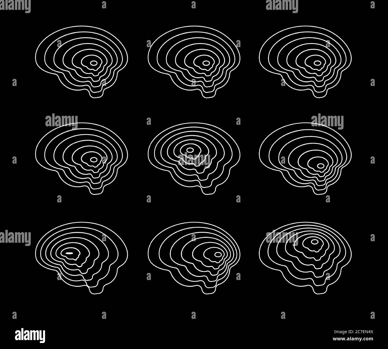 Set of contour brain shapes, topographic maps, abstract hiking