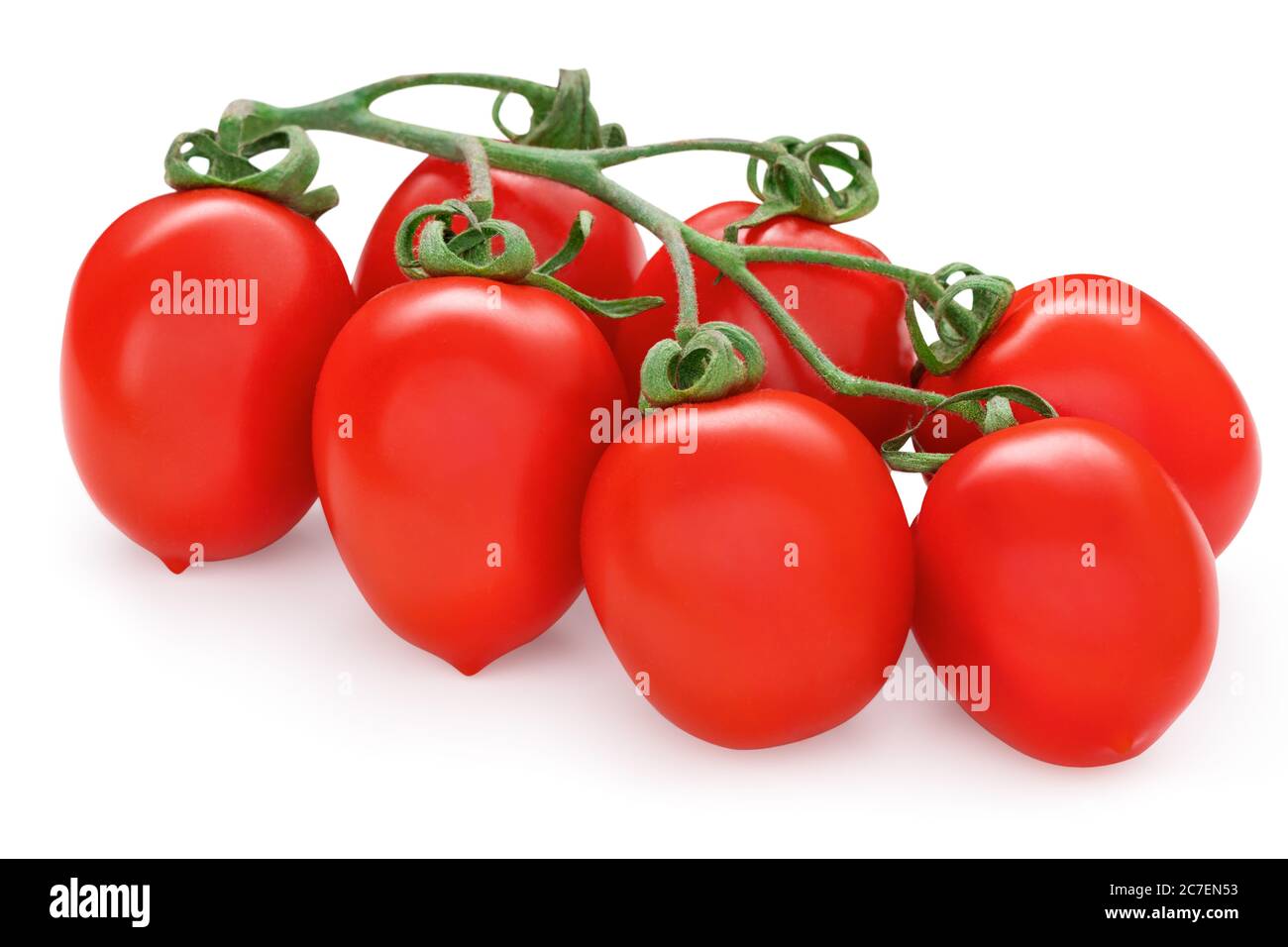 Bunch of red roma vf tomatoes. Solanum lycopersicum. Fresh plum tomato cluster. Vegetable isolated on white background. Stock Photo