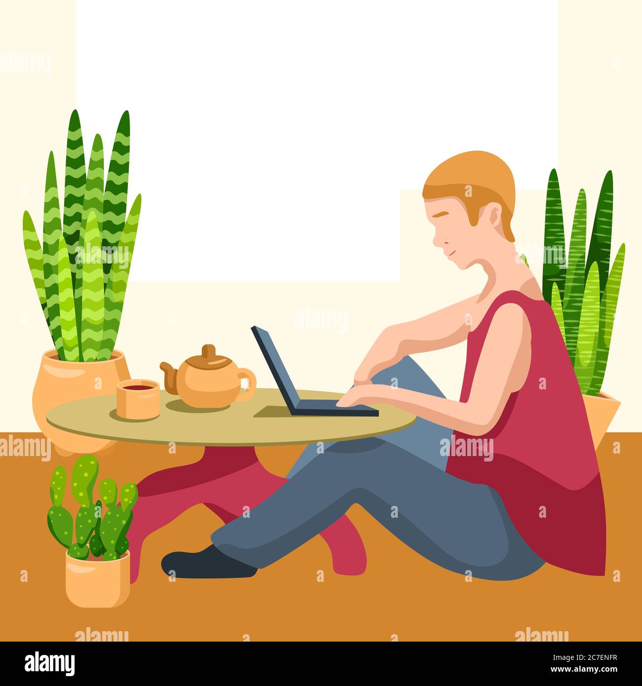Man with laptop on beige backdrop. Online studying for website or social banner, remote job vacancy, info card, labor exchange. Web template or landin Stock Vector