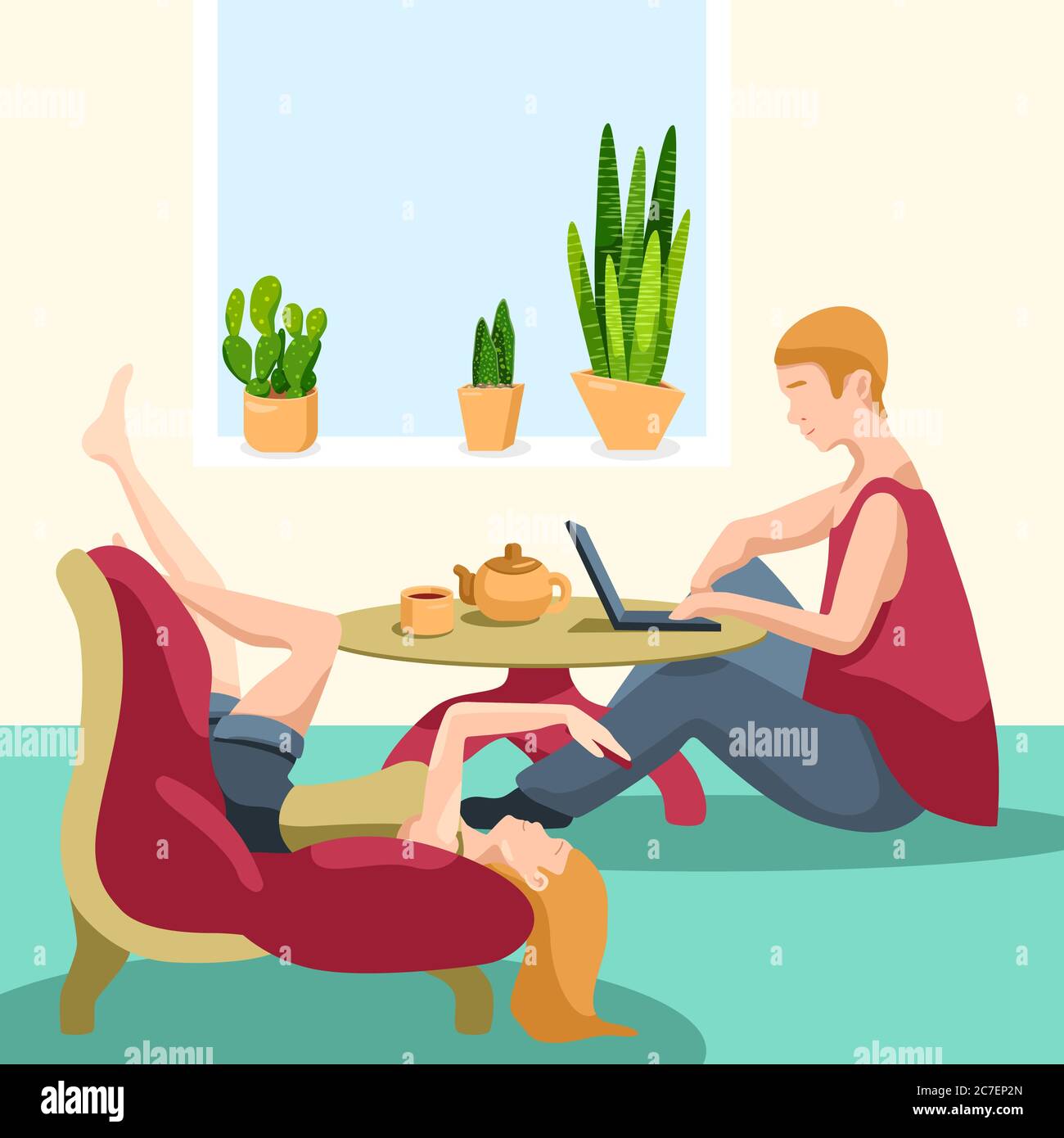 Couple works at home on yellow backdrop. Online studying for website or social banner, remote job vacancy, info card, labor exchange. Web template or Stock Vector