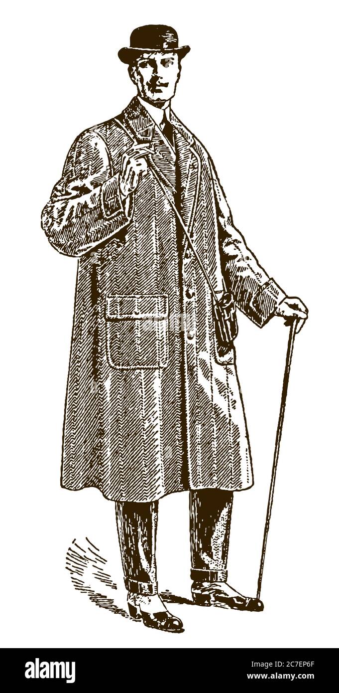 Gentleman from the early 20th century wearing a bowler hat, gaiters and a long overcoat and holding a cigarette and a walking stick Stock Vector