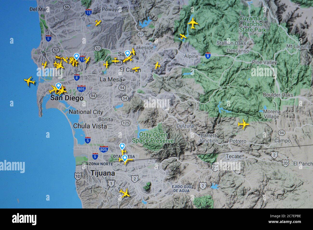 air traffic over San Diego region, USA, (16 july 2020, UTC 21.43)  on Internet with Flightradar 24 site, during the Coronavirus Pandemic Stock Photo