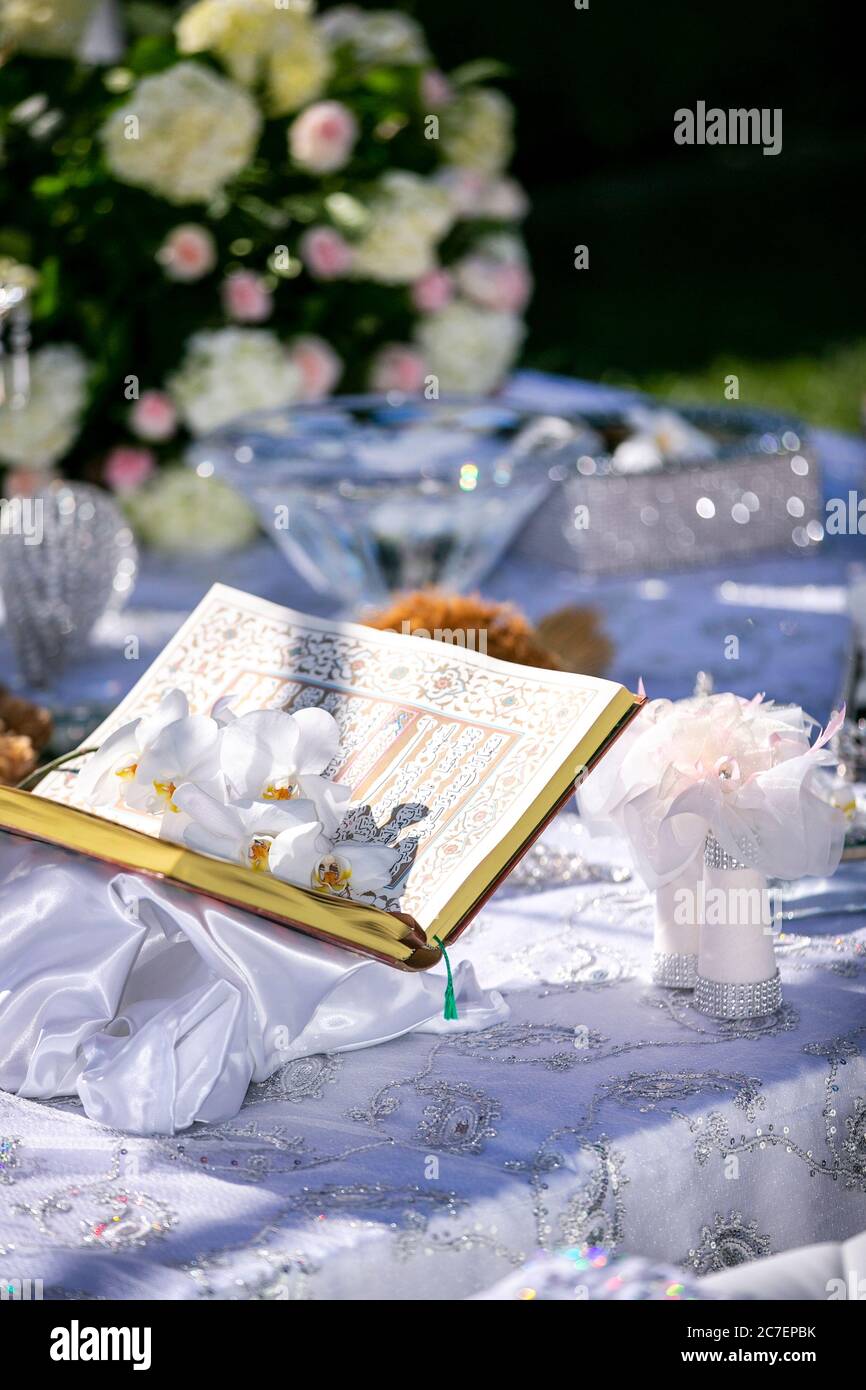 Bood Of Poetry set on a decorated table for a Persian wedding ceremony Stock Photo