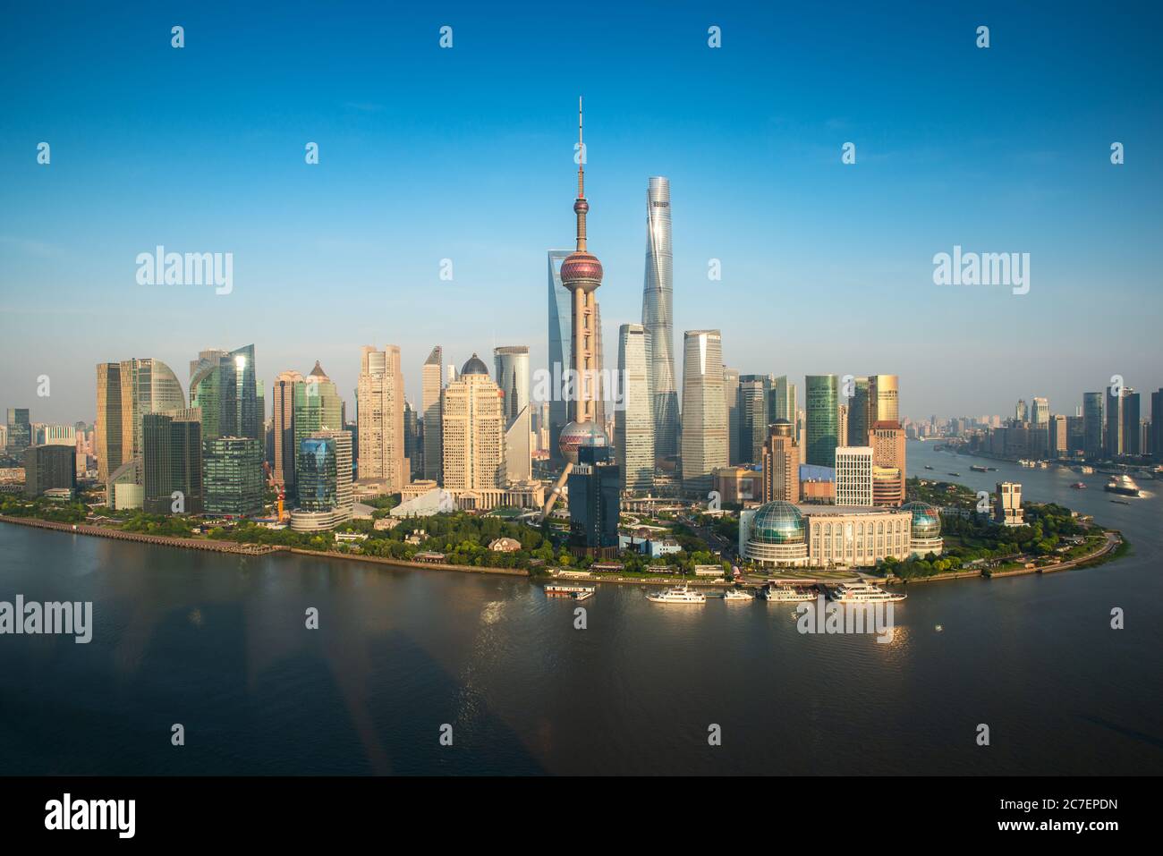 Aerial view of Pudong skyline with Oriental Pearl tower and Lujiazui ...