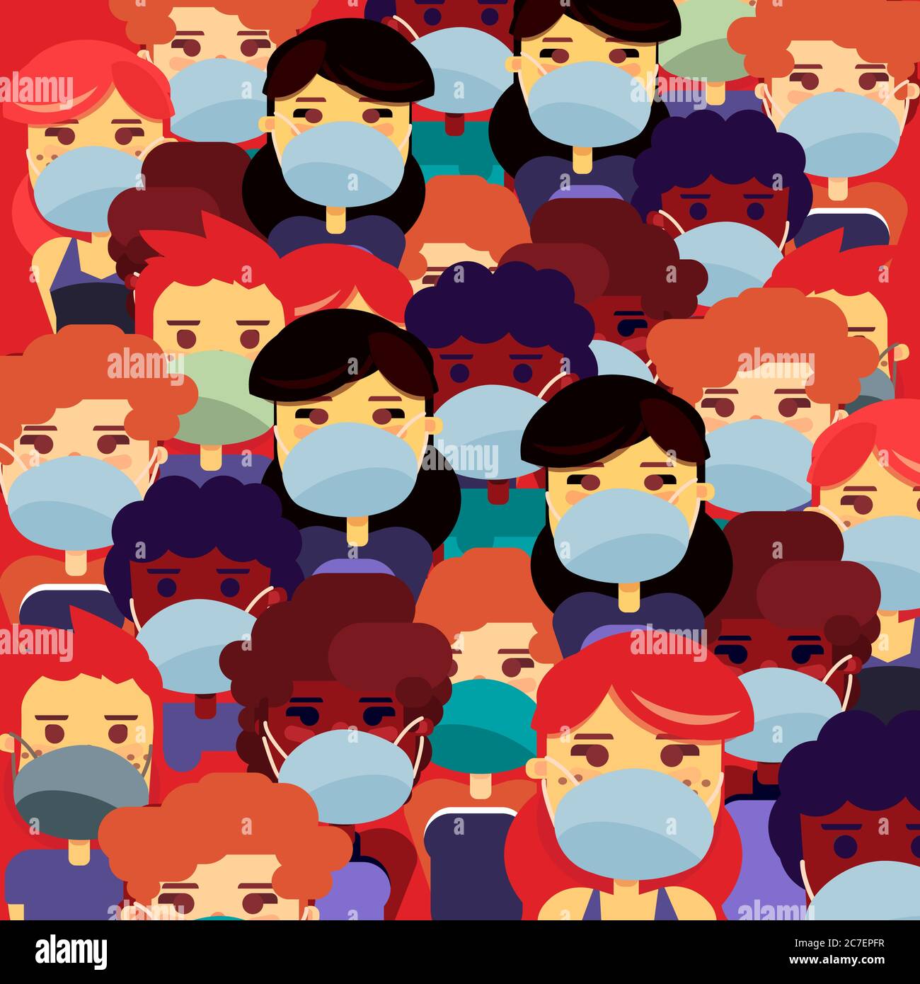 People in masks on red backdrop. Multinational crowd for social banner or propaganda, medical poster, social network warning. Web news template or inf Stock Vector