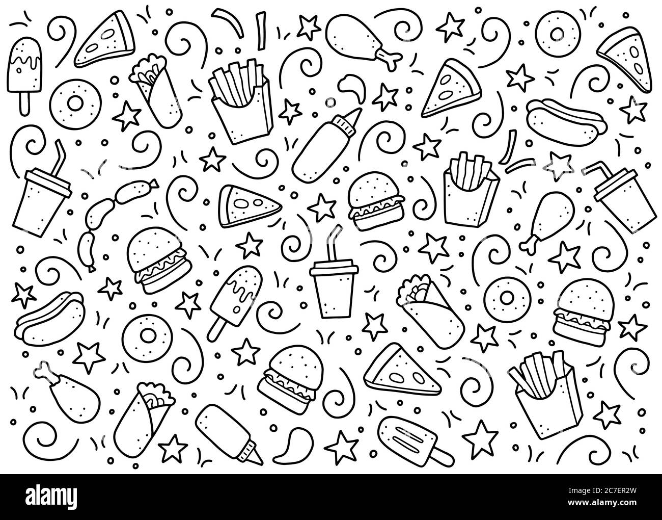 Hand drawn set of fast food elements, burger, pizza, sandwich, hamburger, snack. Comic doodle sketch style. Fast food element drawn by digital brush-pen. Vector illustration for icon, menu, frame design. Stock Vector