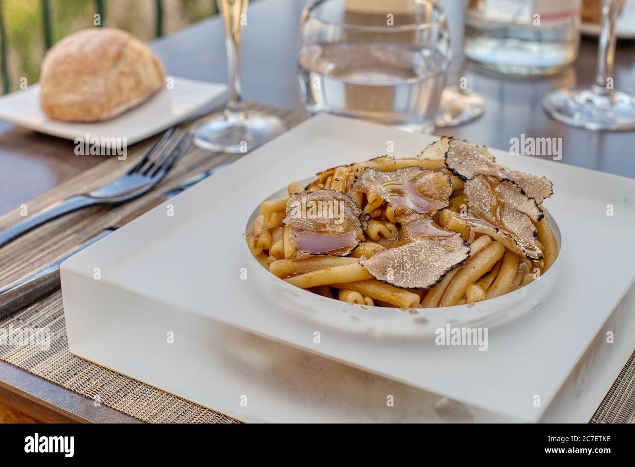 Pasta with autumn black truffles Stock Photo