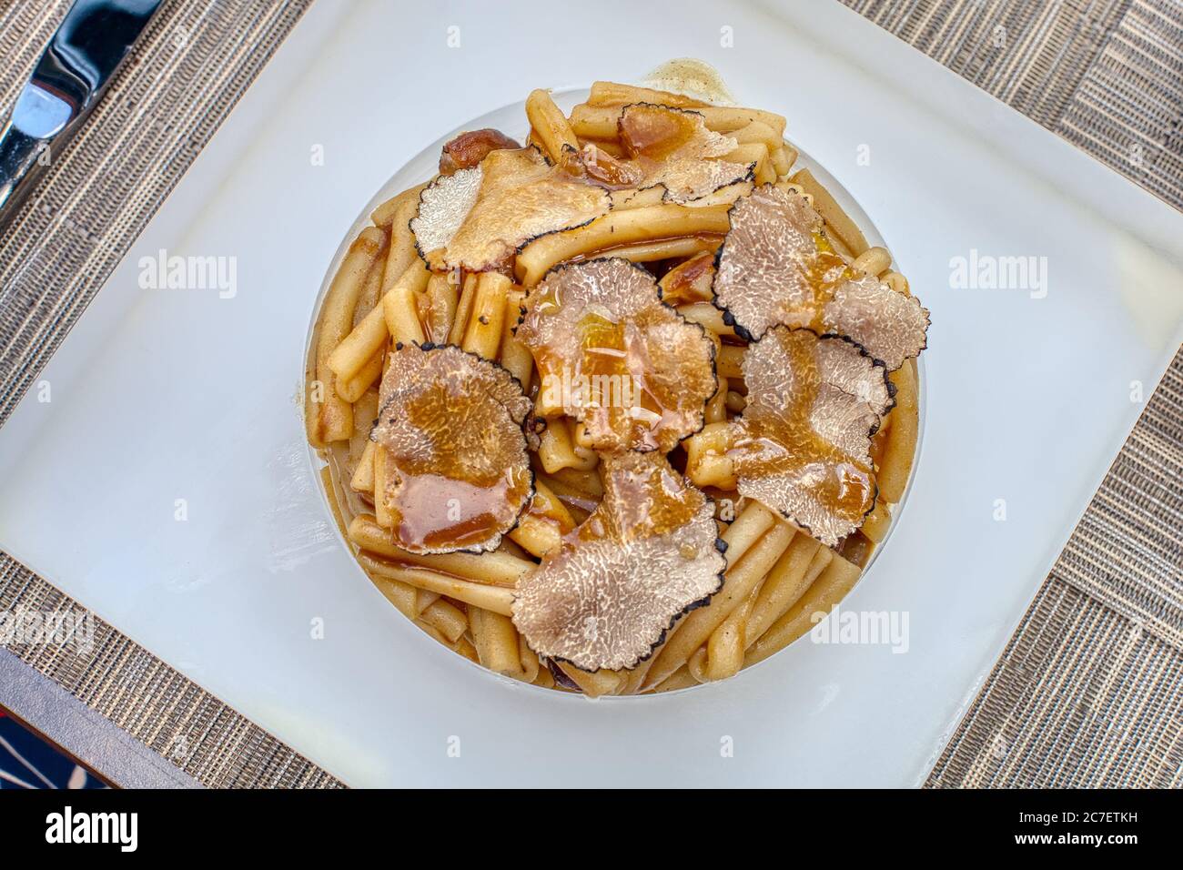Pasta with autumn black truffles Stock Photo