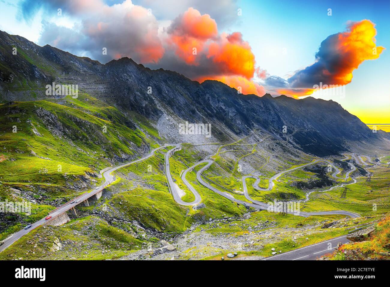 View of Transfagarash highway and valley in mountains of Romania. The most beautiful road in Europe. Location: Carpathian mountains, Fagaras ridge, Ro Stock Photo
