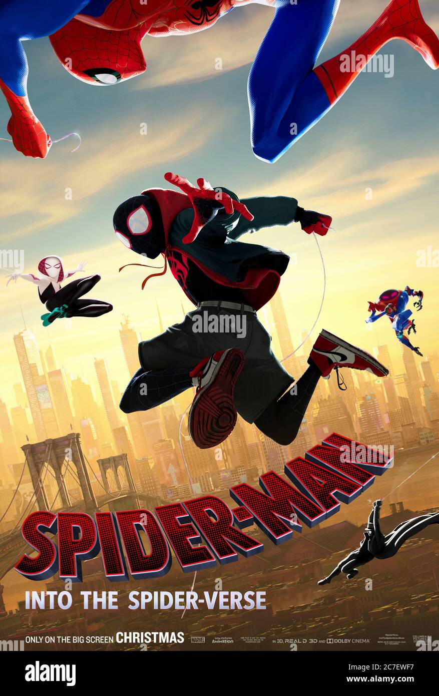 Spider-Man: Into the Spider-Verse (2018) directed by Bob Persichetti and Peter Ramsey and starring Shameik Moore, Jake Johnson and Hailee Steinfeld. Stylish animation about Spider-Man teaming up with other versions from different dimensions. Stock Photo