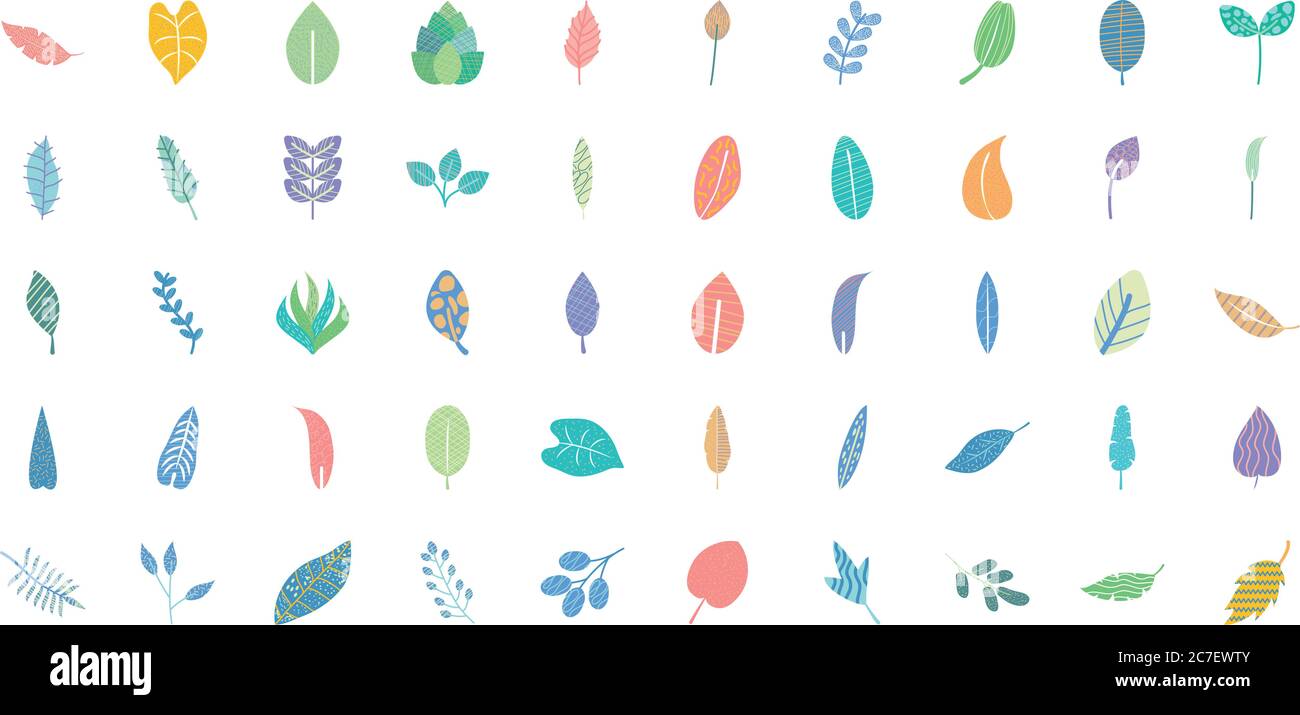 abstract tropical leaves icon set over white background, flat style ...