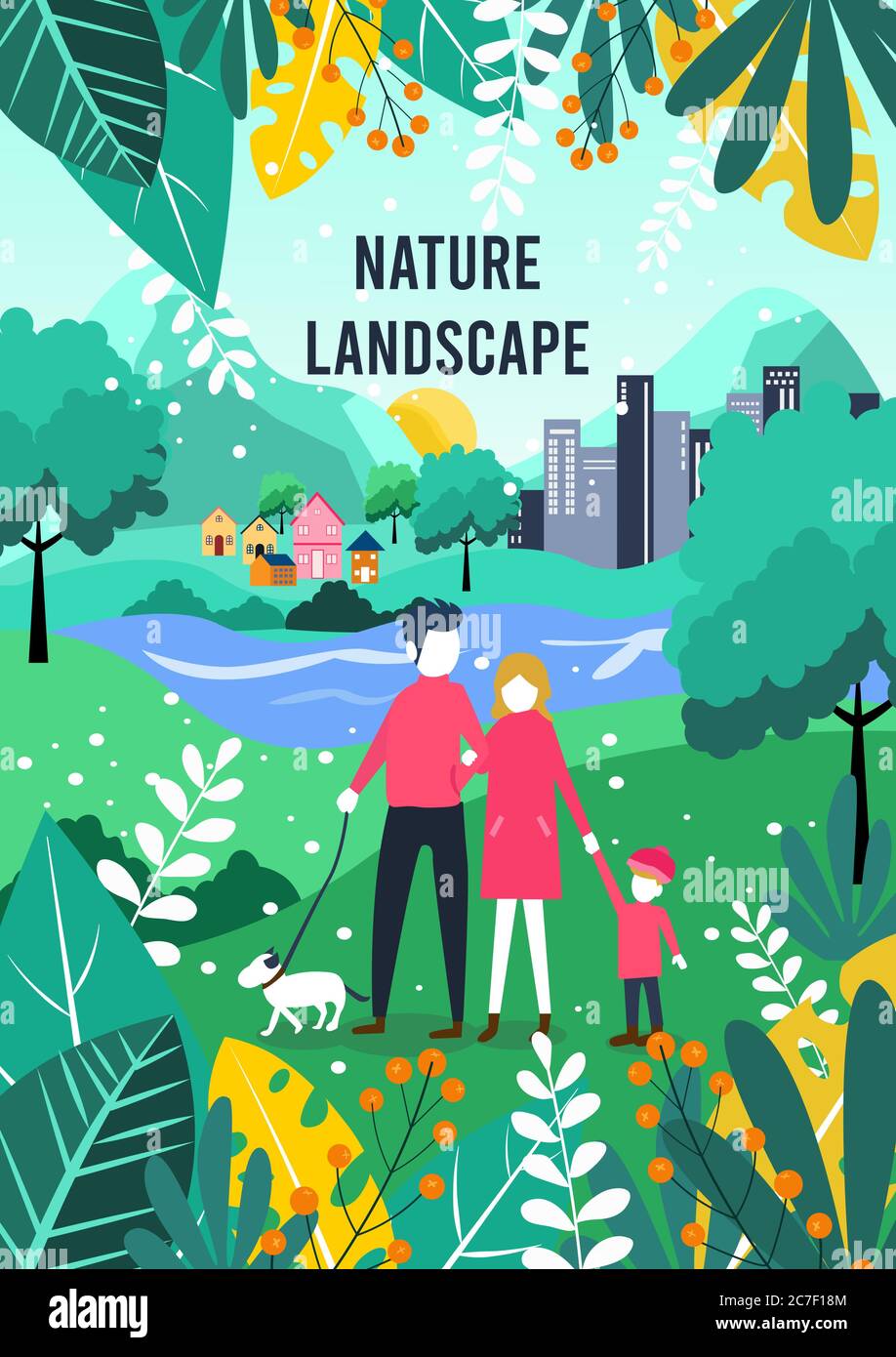 Illustration of a family in the garden, Happy family outdoors in the ...