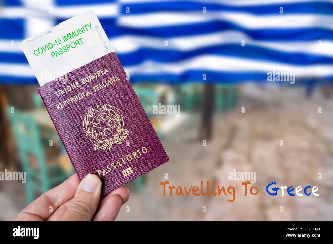 Male hand holding an european passport with a covid-19 immunity certificate over the Greek flag. Stock Photo