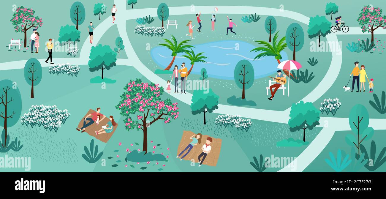 Illustration of people, walking, running, lying and playing in the park ...