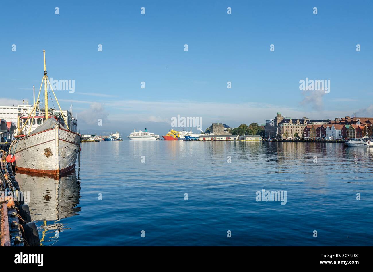 Fishing vessel in Bergen harbour in sunny day Stock Photo