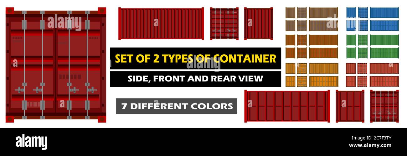 Cargo Container. Vector. Set. Logistics delivery container. Isolated object. Red, blue, yellow, green, brown. Back, front and side. Shipment delivery Stock Vector