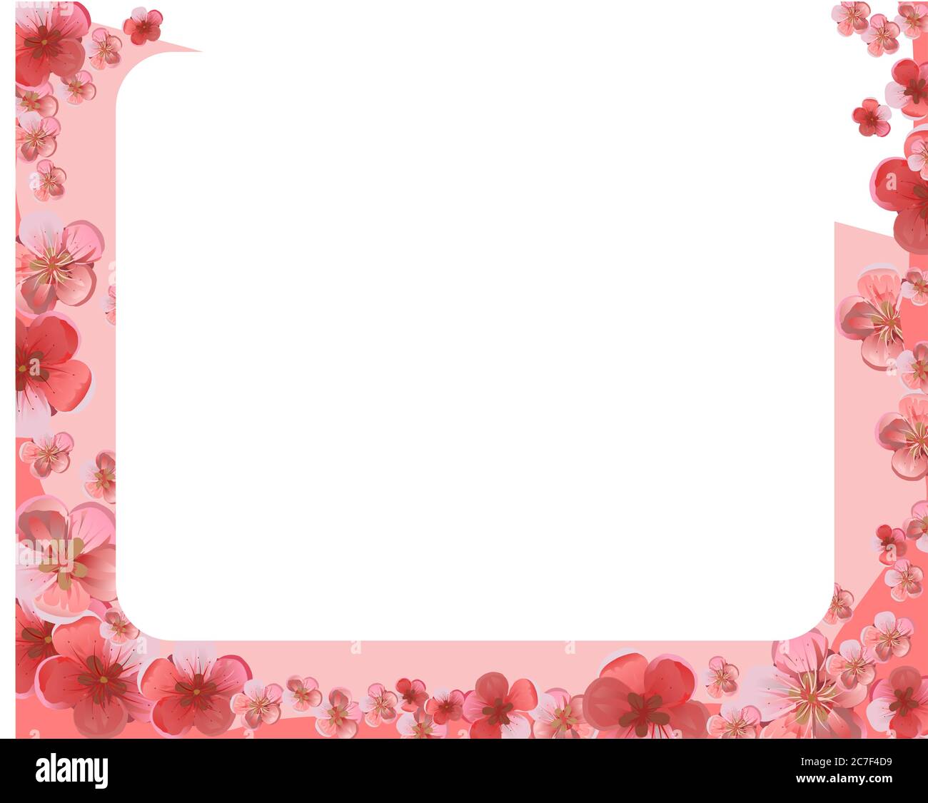 Frame of cherry flowers. Flowering fruit orchard trees: apple, pear, apricot, peach, plum. Background pink frame for postcards, photos. Vector. Stock Vector