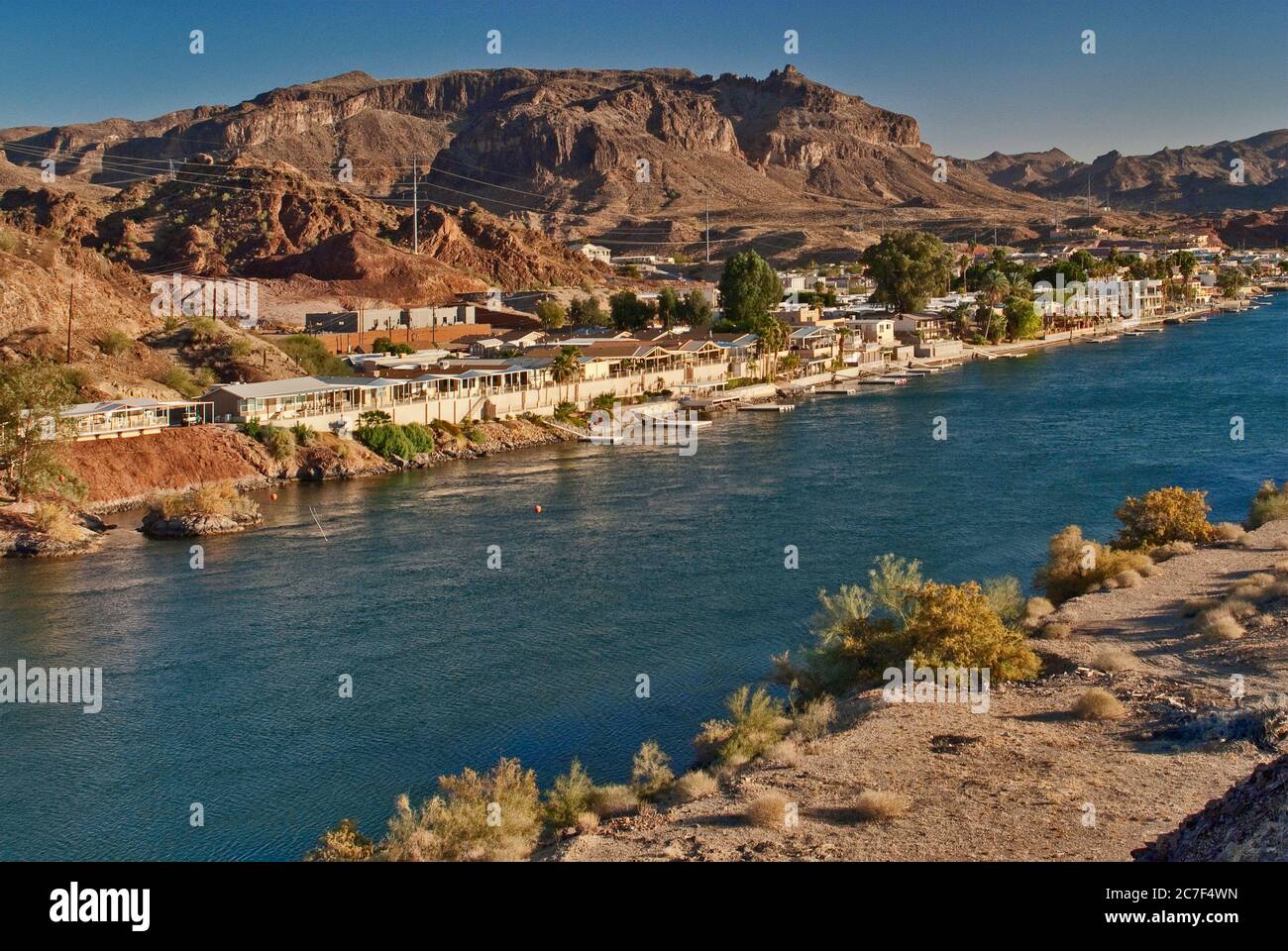 Buckskin Mountains over waterfront houses at Parker and Colorado River